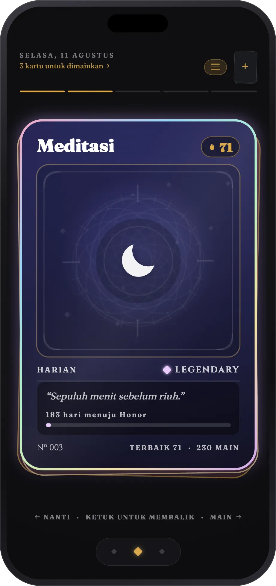 Meja Habit Deck: satu kartu dengan streak 71 hari, siap dimainkan