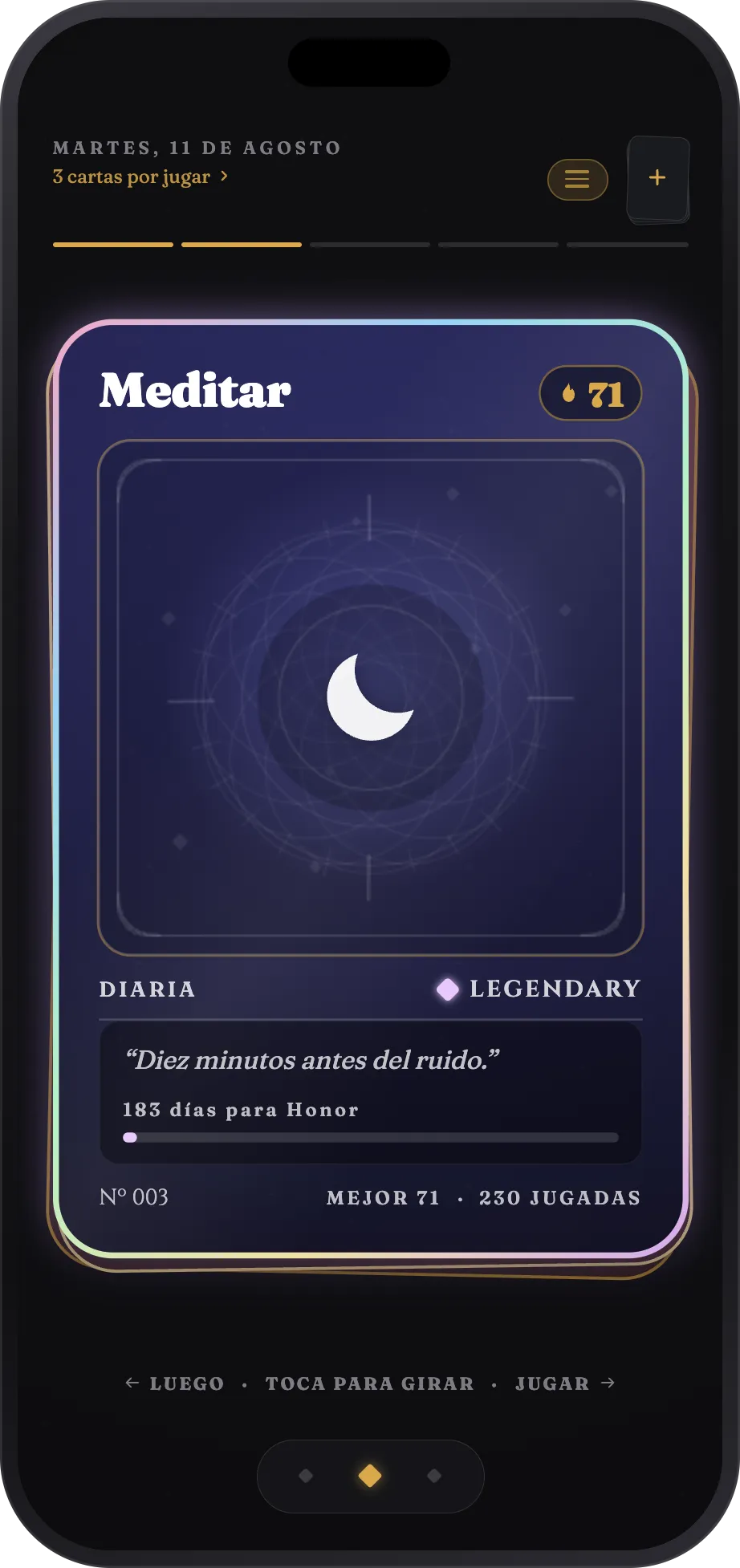 La mesa de Habit Deck: una carta con una racha de 71 días, lista para jugarse
