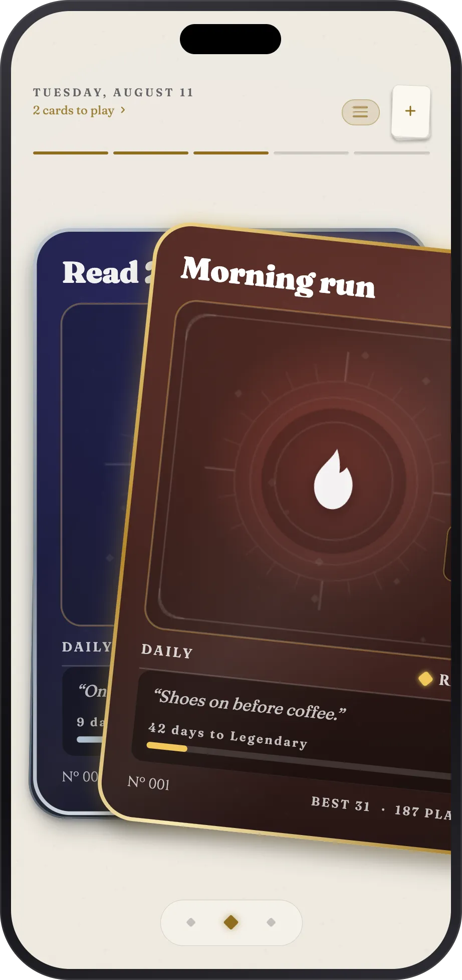 A card mid-swipe as it is played, the next card waiting behind it
