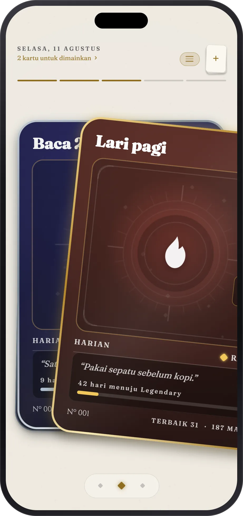 Sebuah kartu sedang digeser saat dimainkan, kartu berikutnya menunggu di belakang