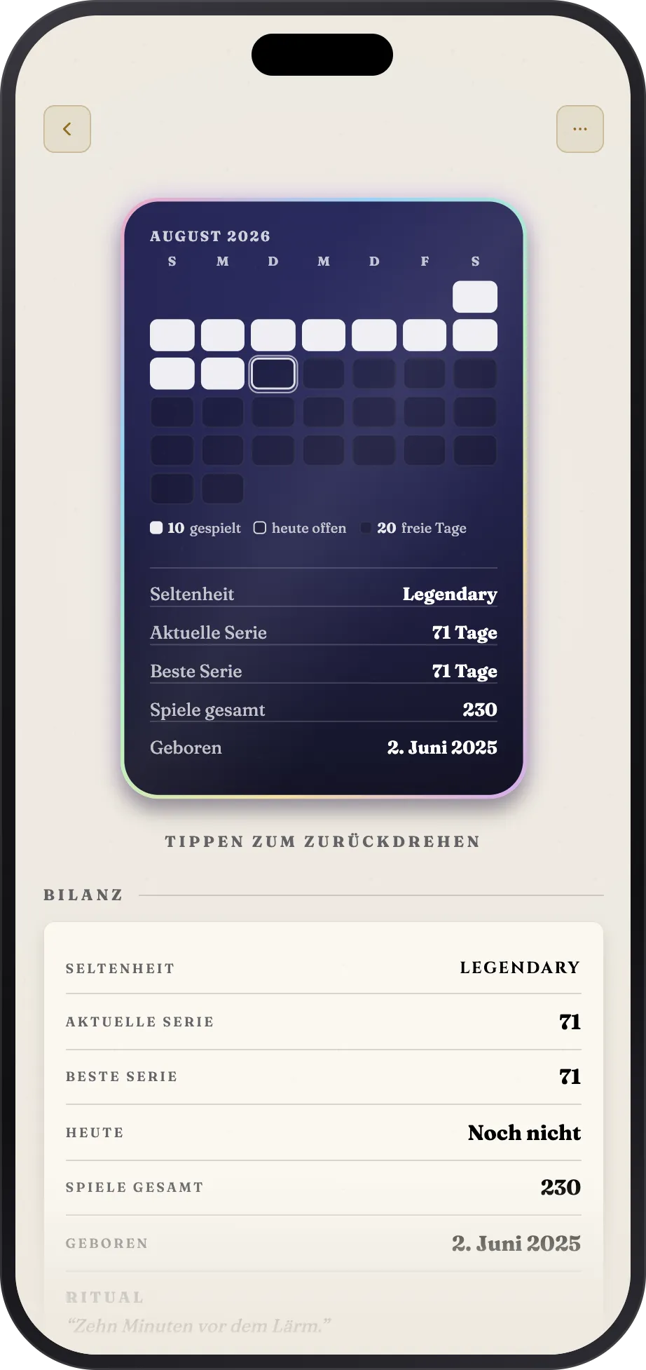 Die Rückseite einer Karte mit dem Monat als Raster und der vollständigen Chronik darunter