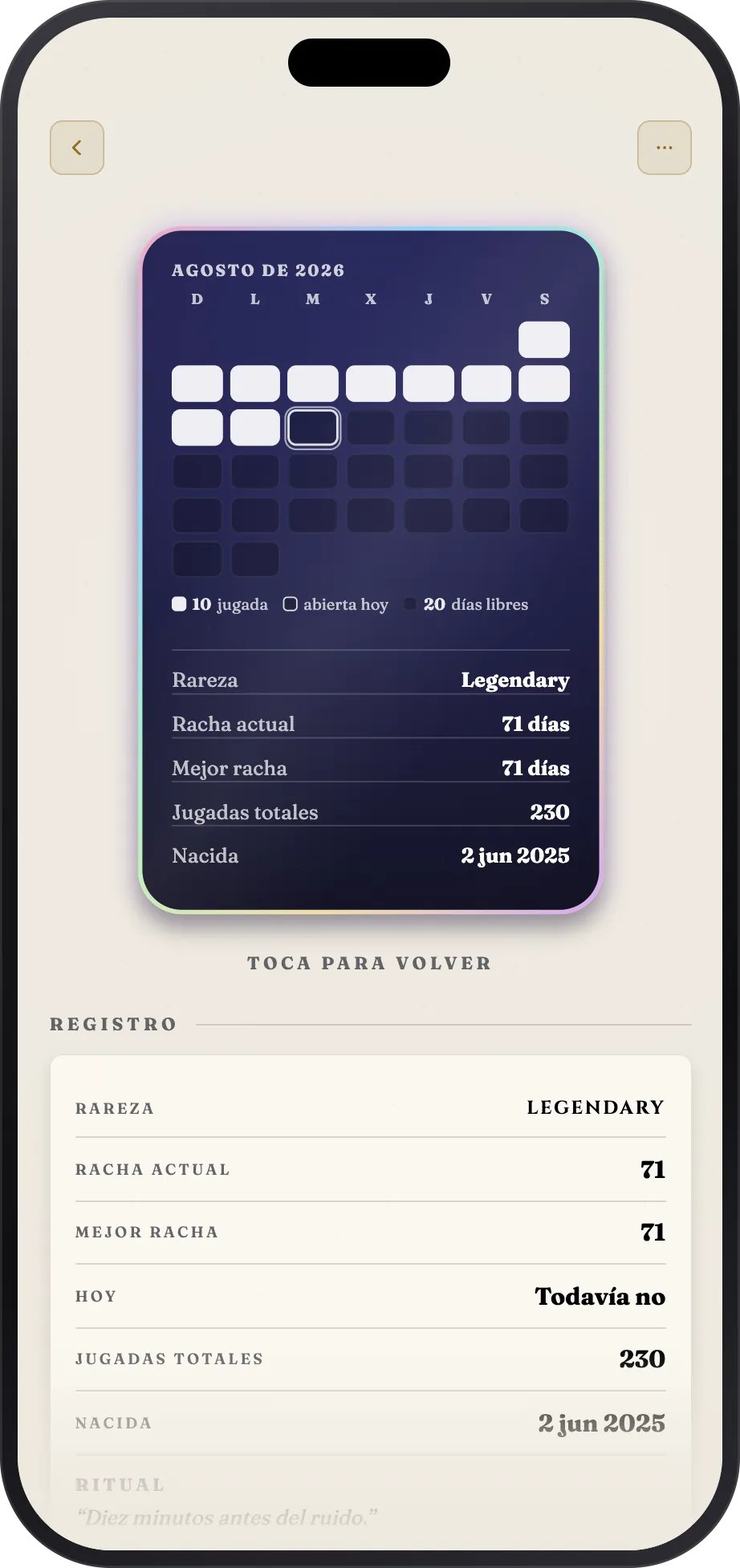El dorso de una carta con el mes en cuadrícula y el registro completo debajo