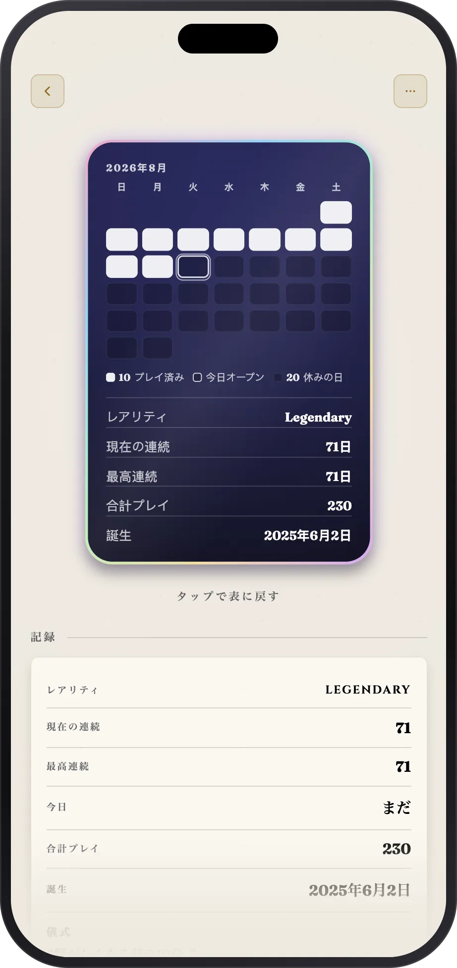 カードの裏面。今月がグリッドで表示され、その下に全ての記録がある