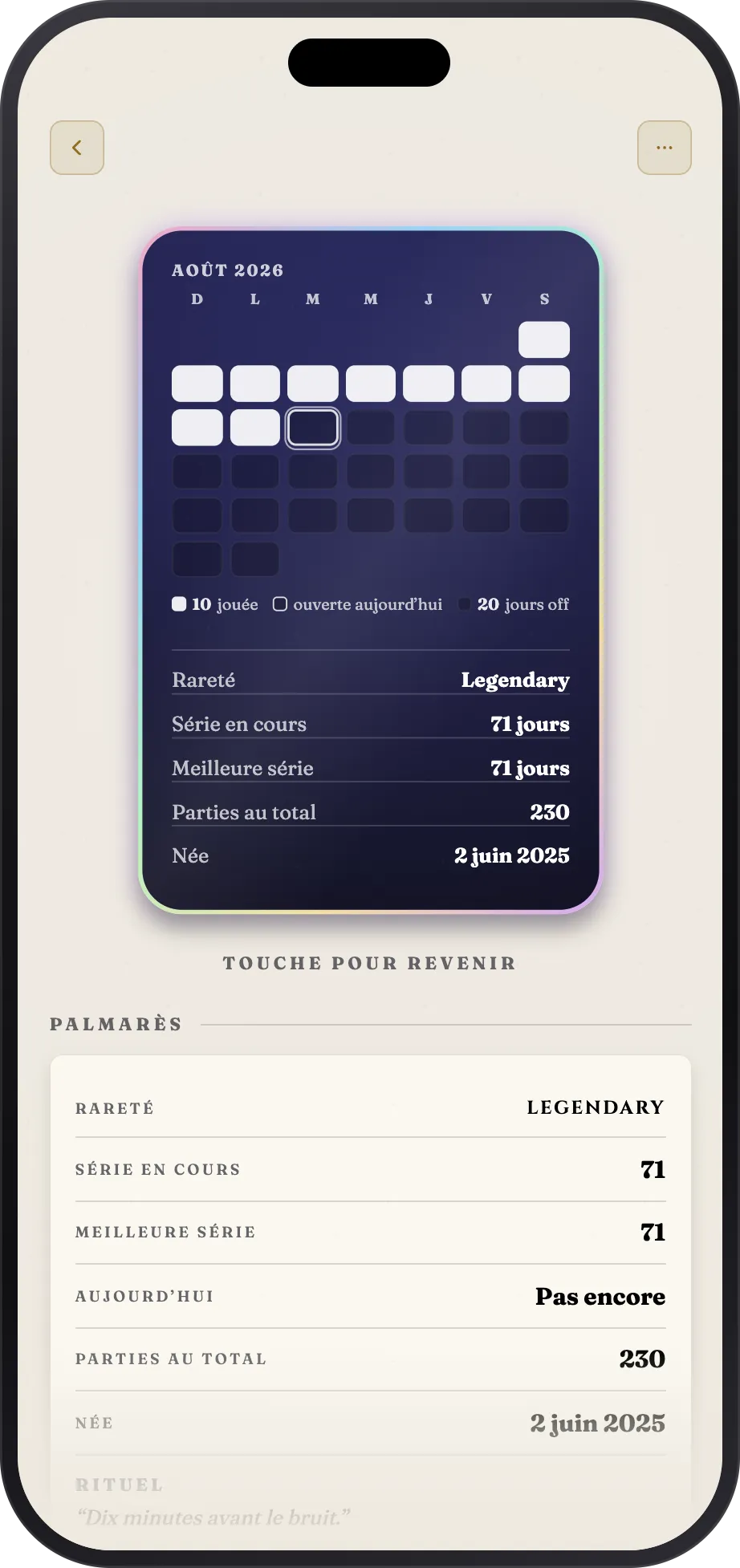 Le dos d'une carte montrant le mois en grille, avec le registre complet en dessous
